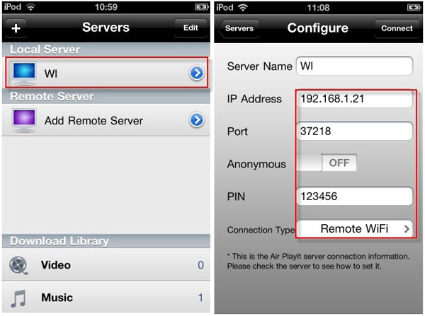 Add Air Playit server to iPhone or iPad